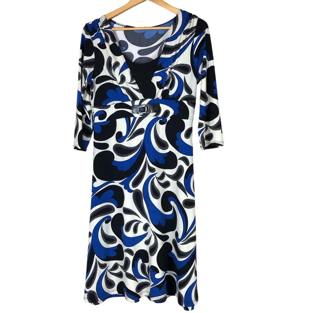 Newport Vintage Midi Dress Sz M Funky Blue Black Paisley Print 60s 70s Made USA